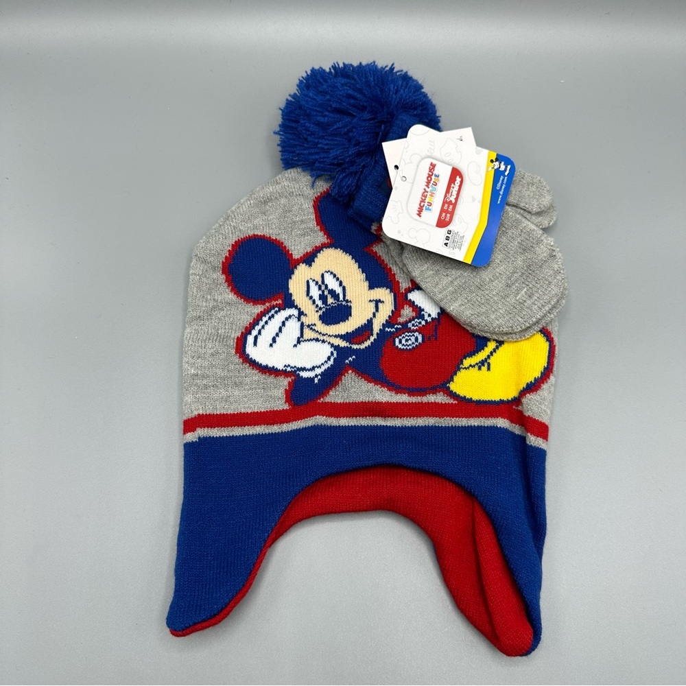 Disney Mickey Mouse Toddler Winter Hat & Mittens Set One Size Grey Blue Red